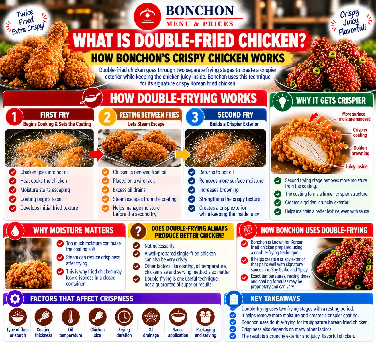 Bonchon double-fried chicken infographic showing the first fry, resting on a wire rack, and second fry process that helps create a crispy golden coating.