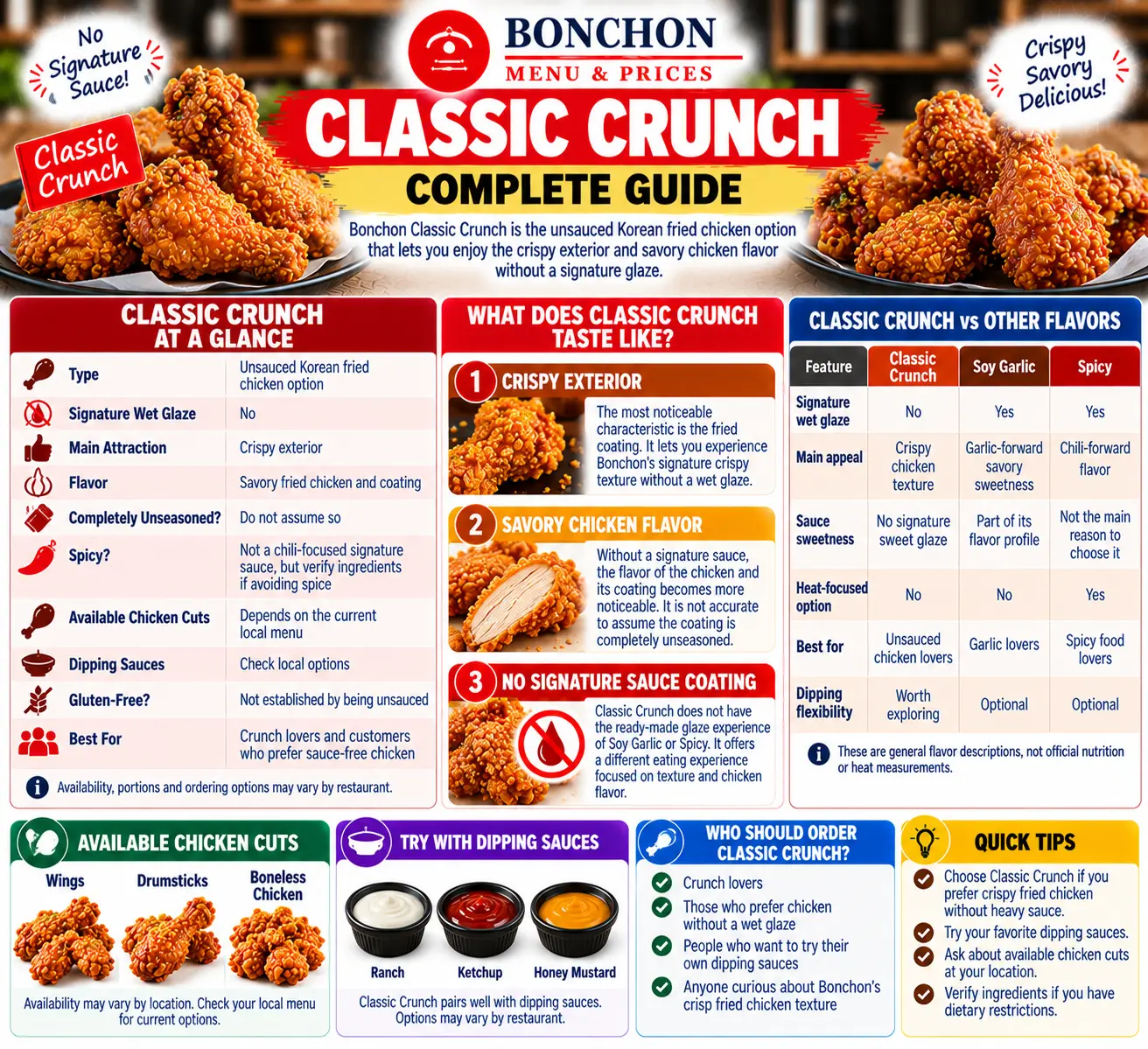 Bonchon Classic Crunch infographic showing unsauced crispy fried chicken, comparison with Soy Garlic and Spicy, chicken cuts and dipping sauce options.