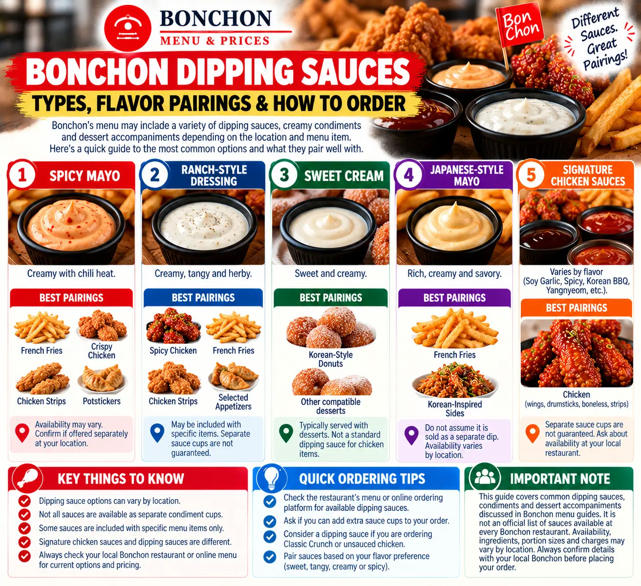 Bonchon dipping sauce guide comparing spicy mayo, ranch-style dressing, sweet cream and Japanese-style mayo with suggested food