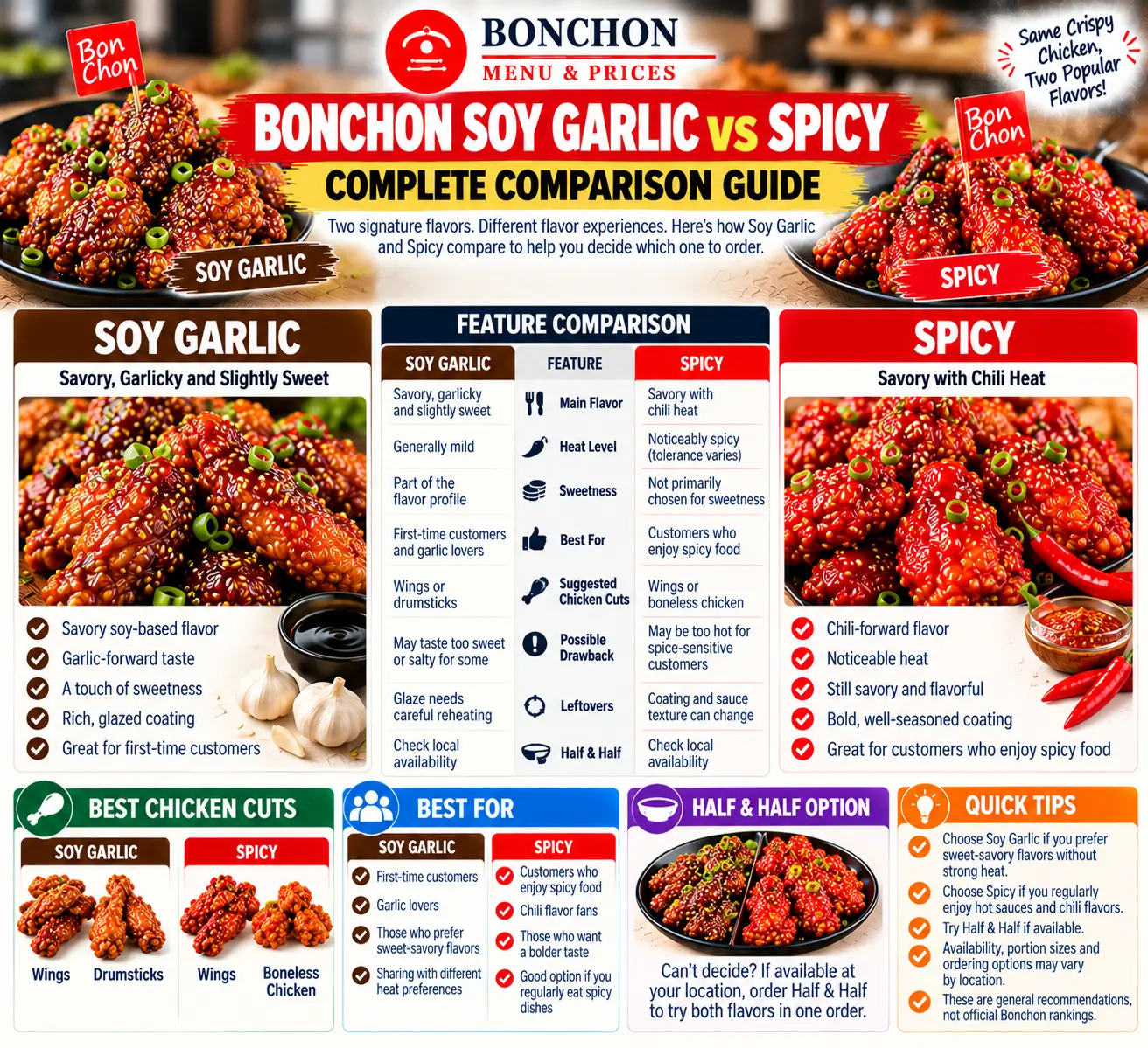 Bonchon Soy Garlic vs Spicy infographic comparing savory garlic sweetness, chili heat, chicken cuts and Half & Half ordering options.
