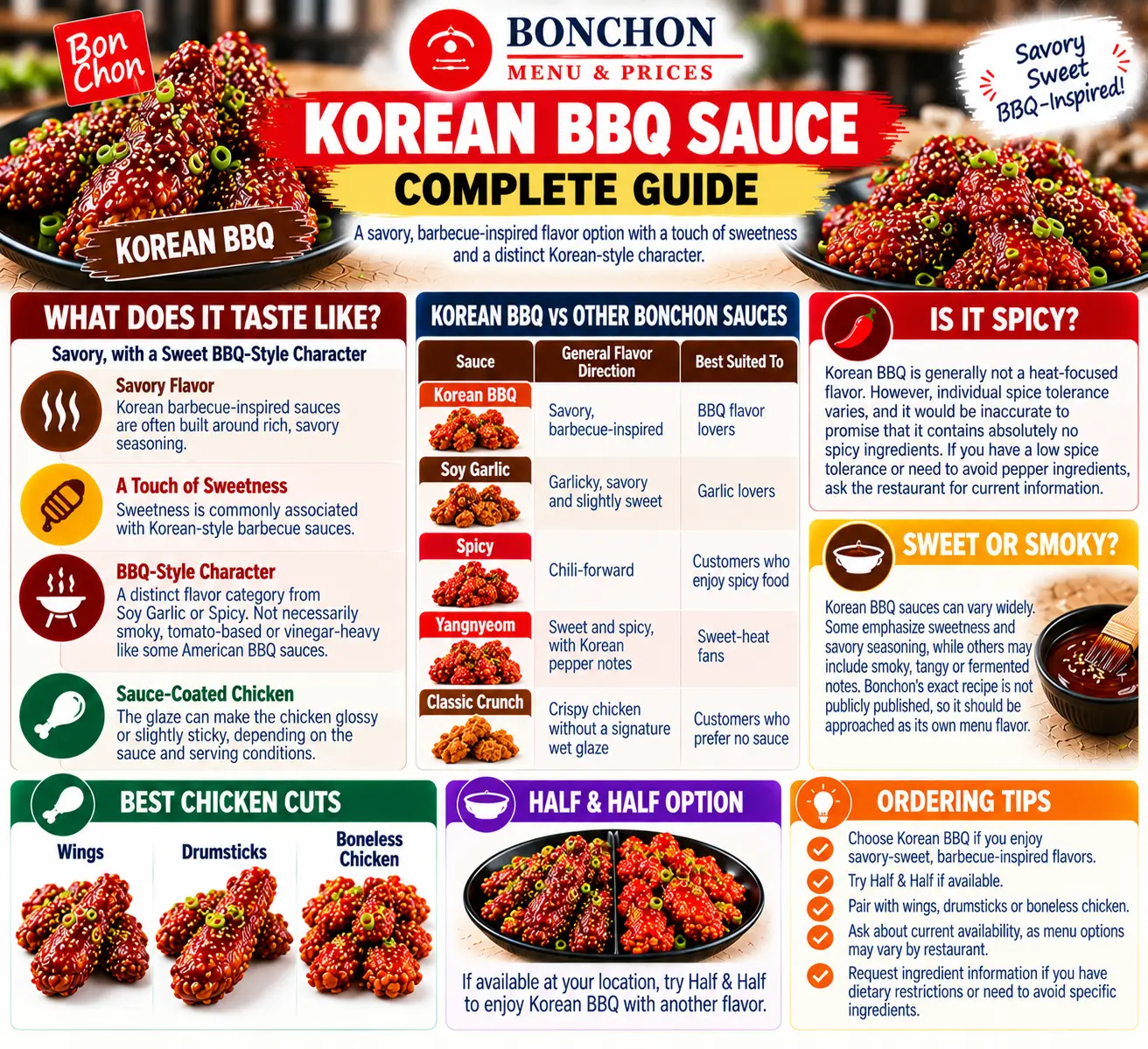 Bonchon Korean BBQ sauce infographic comparing savory-sweet flavor, chicken cuts, other sauces and Half & Half ordering options.