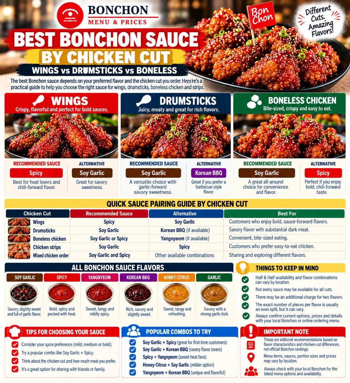 Bonchon sauce pairing guide for wings, drumsticks, boneless chicken and strips, with Soy Garlic and Spicy flavor recommendations.