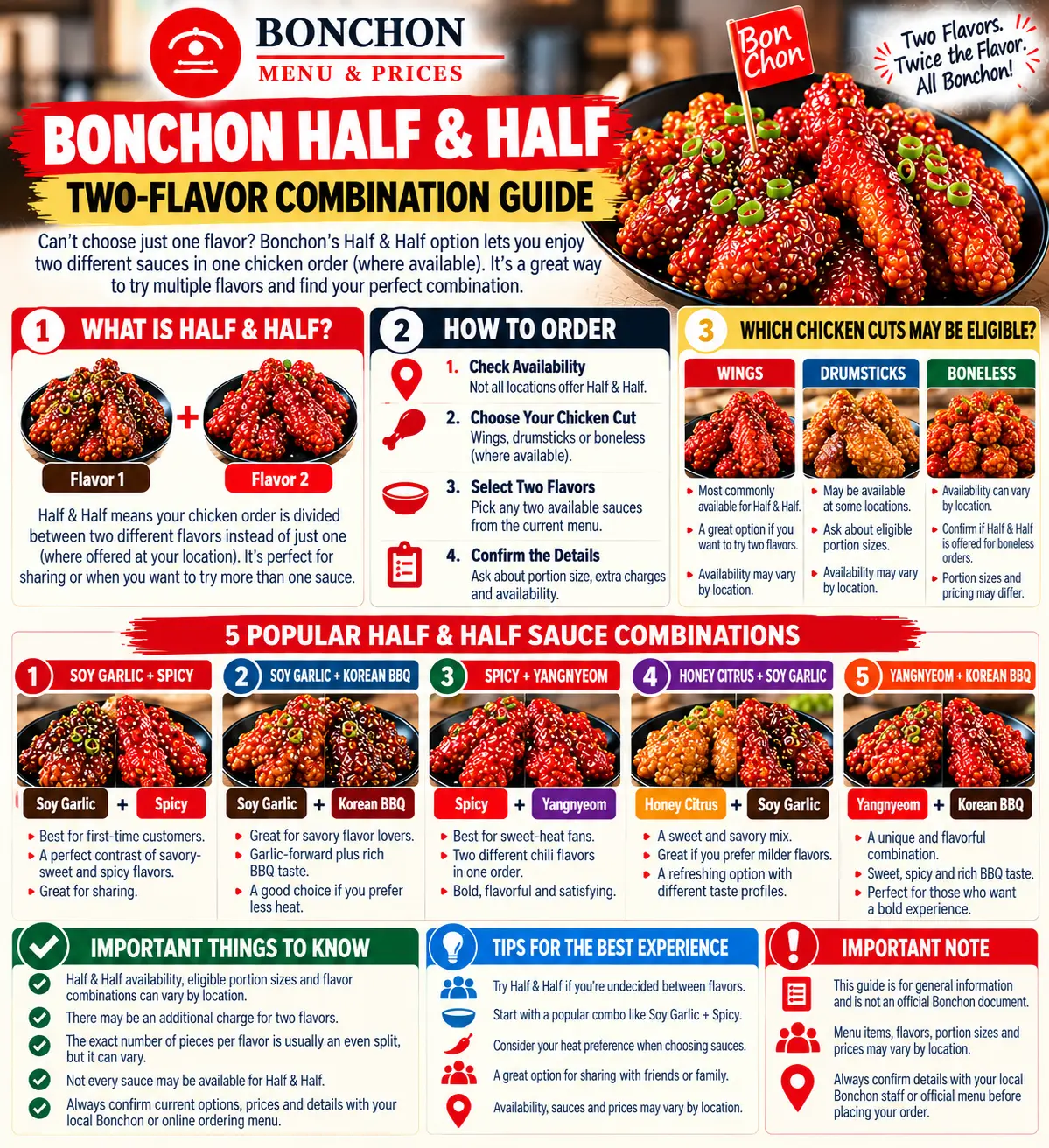 Bonchon Half & Half chicken guide showing suggested Soy Garlic, Spicy, Korean BBQ and Yangnyeom flavor pairings and how to order two flavors.