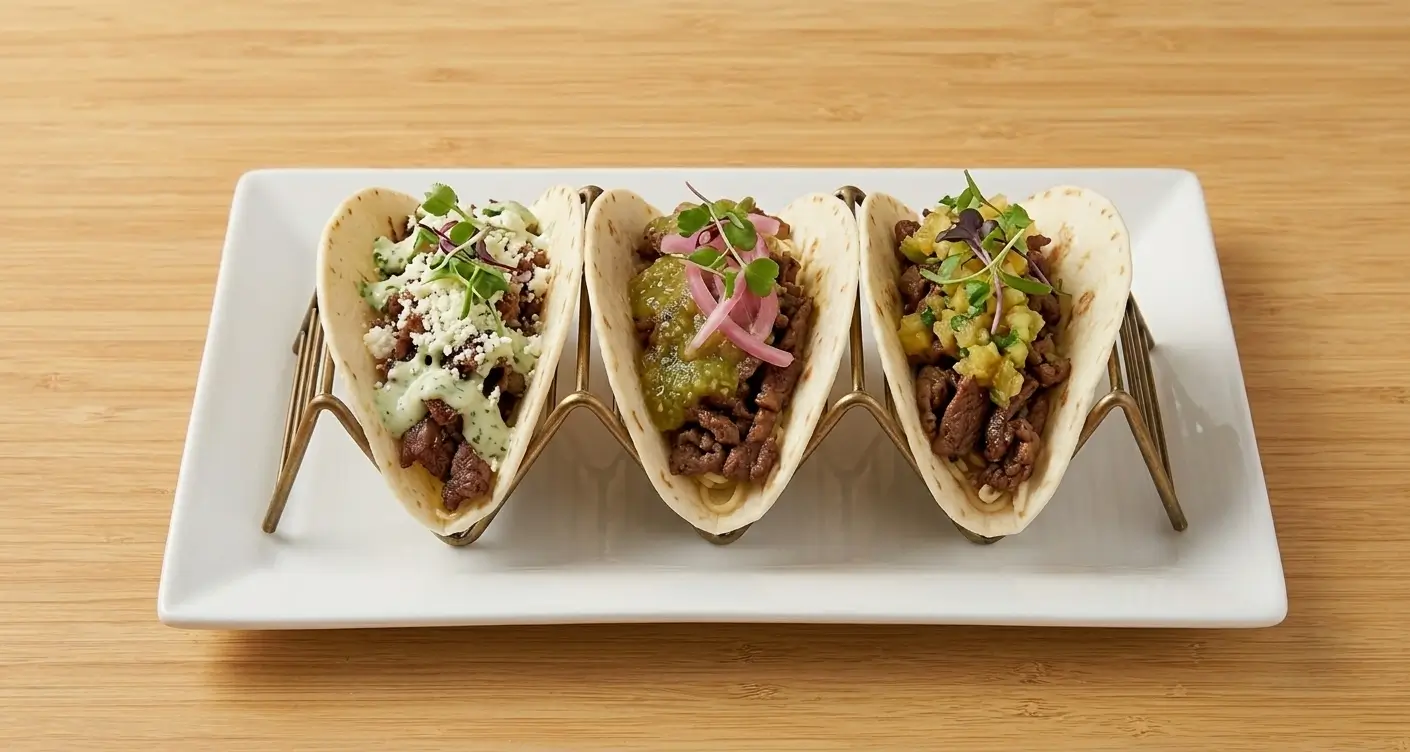 Bonchon Korean tacos — three soft flour tortillas with lettuce, coleslaw, spicy mayo and scallions
