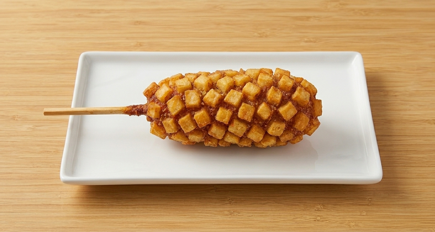 Bonchon MoPo Corn Dog — Korean-style mozzarella corn dog coated in crispy potato cubes