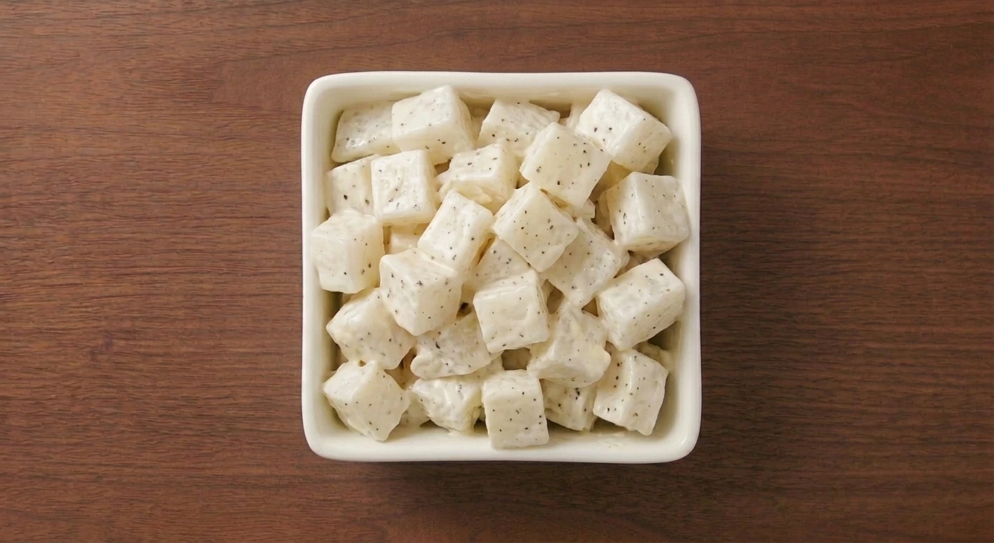 Bonchon pickled radish — cubed daikon in a sweet-sour brine served in a small cup