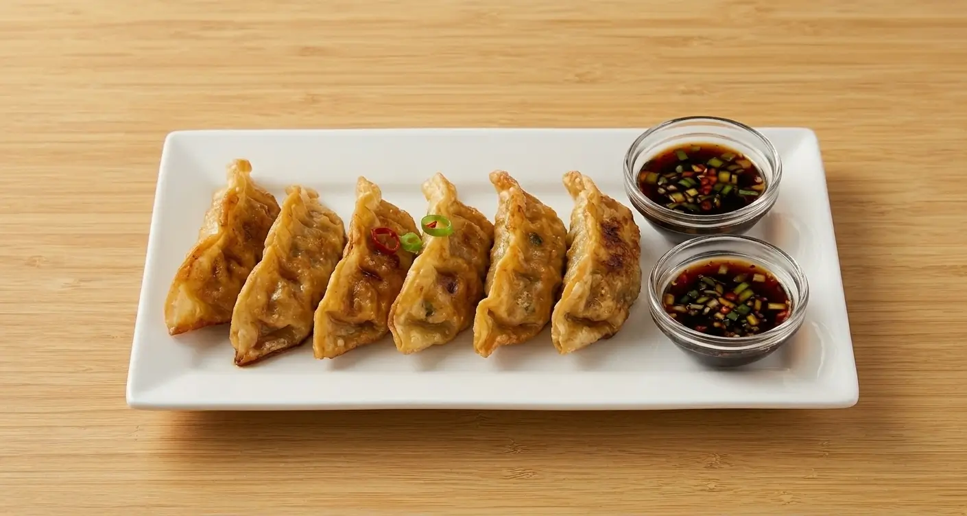 Bonchon potstickers — eight fried dumplings brushed with signature soy garlic sauce