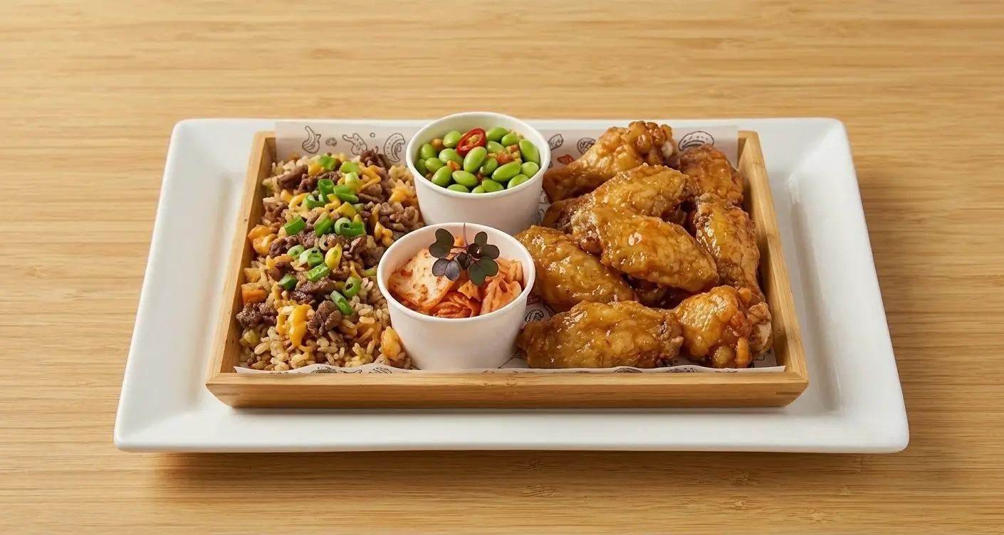 Bonchon Seoul Sampler platter — drumsticks, wings, bulgogi fries, potstickers, street corn and coleslaw