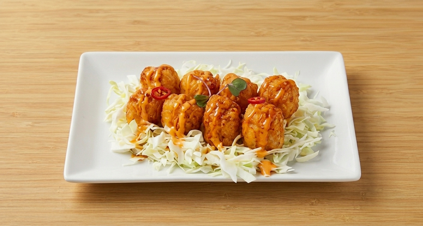 Bonchon shrimp shumai — shrimp dumplings drizzled with spicy mayo and soy garlic sauce