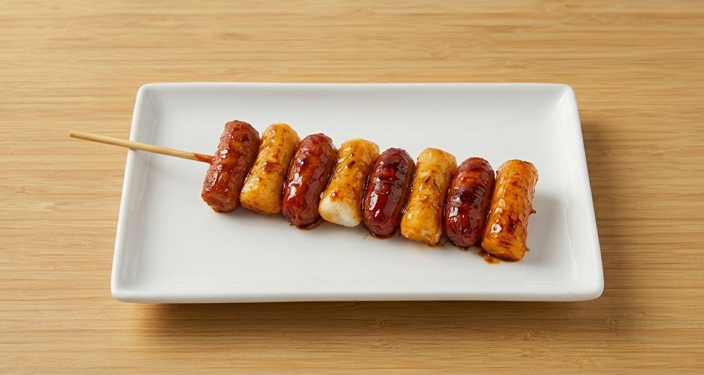 Bonchon Sotteok Sotteok — Korean rice cake and sausage skewer glazed in yangnyeom sauce