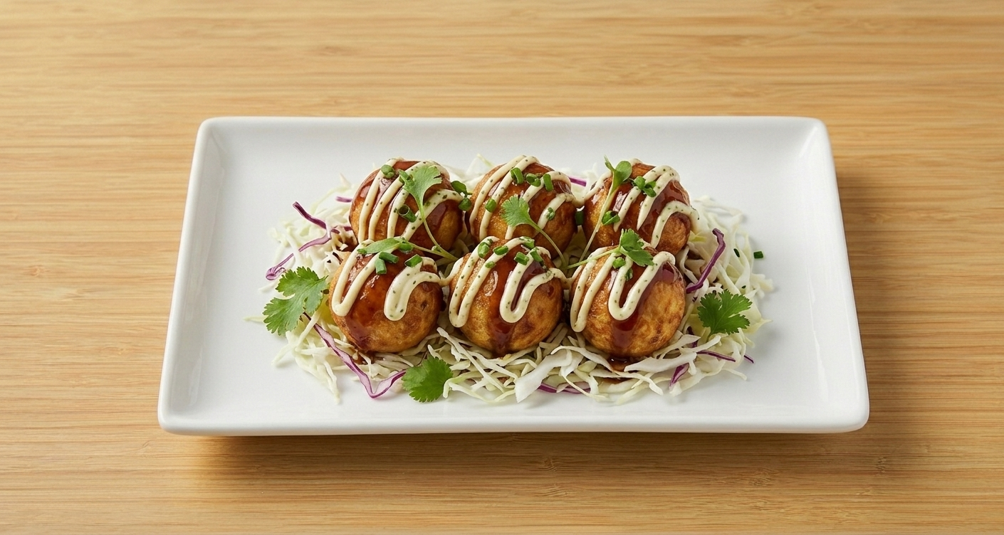 Bonchon takoyaki — fried octopus dumplings with Kewpie mayo, katsu sauce and scallions