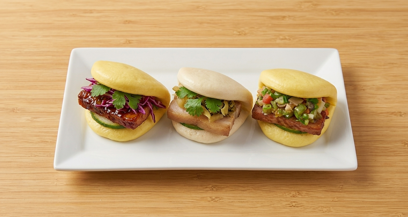 Bonchon bao buns — three steamed buns with cucumber, coleslaw, spicy mayo and katsu sauce