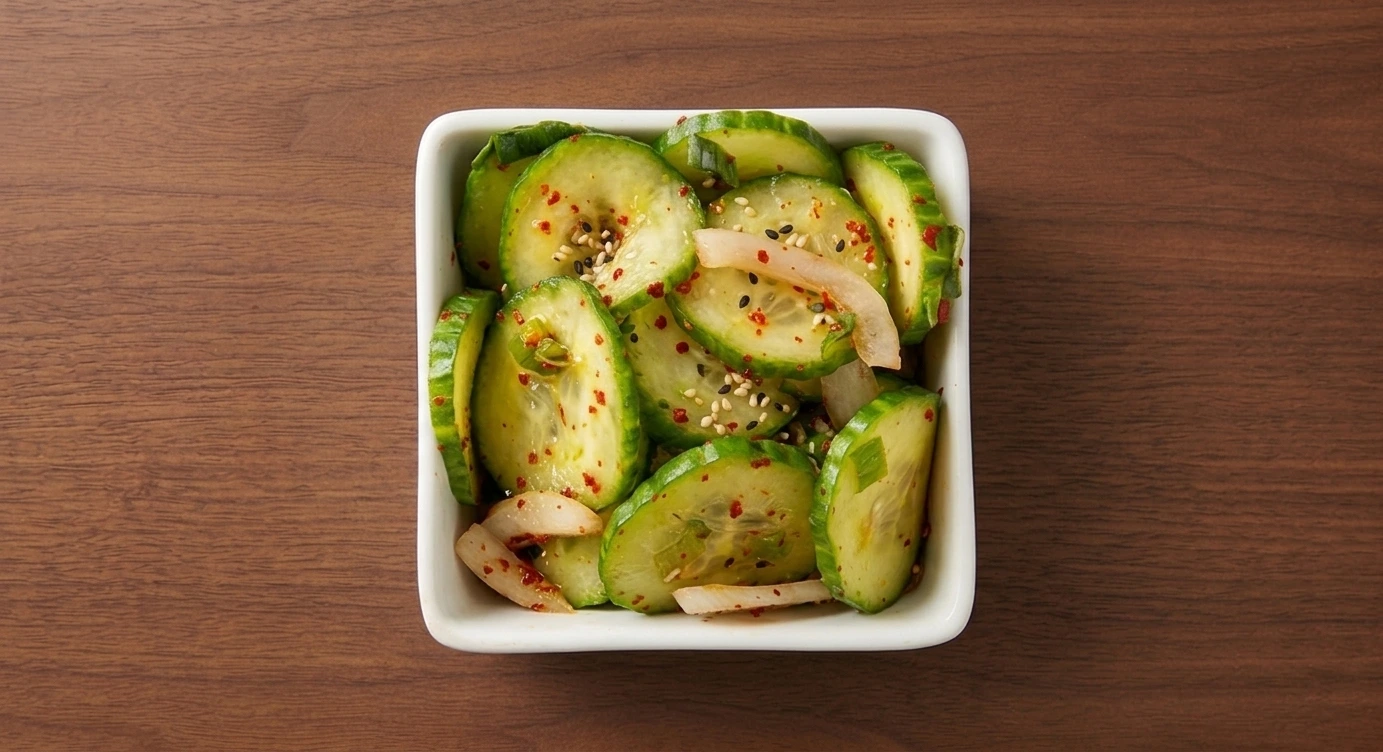Bonchon Korean cucumber salad — sliced cucumber with onions, scallions and red chili powder