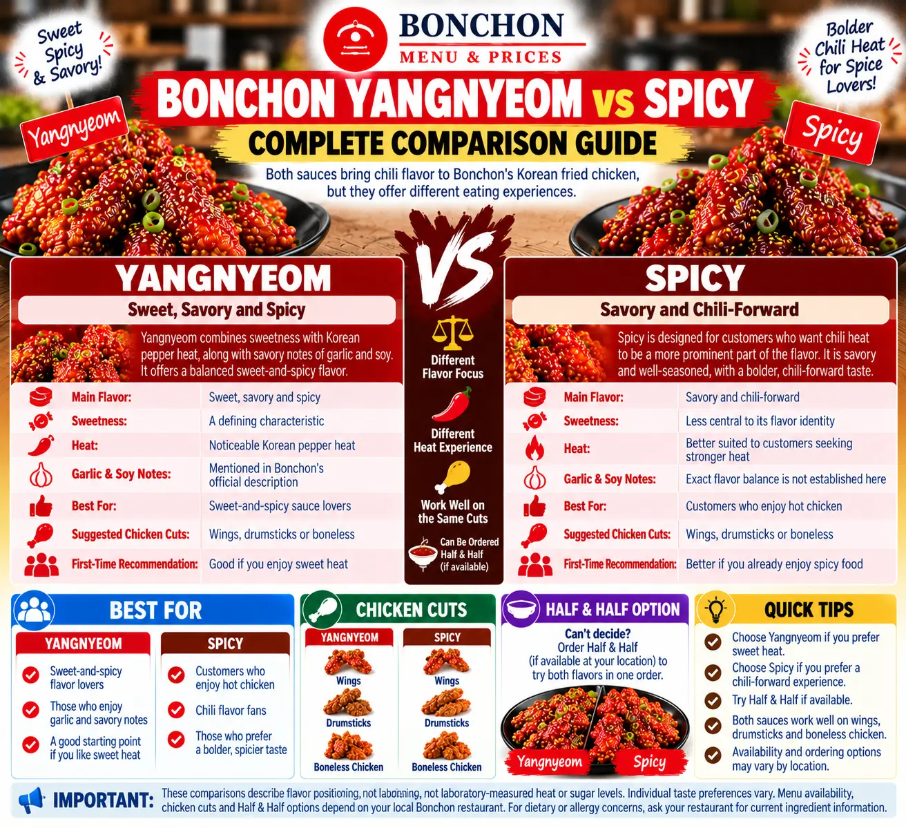 Bonchon Yangnyeom vs Spicy sauce comparison infographic showing sweet and spicy flavors, chili heat, chicken cuts and Half & Half ordering options.